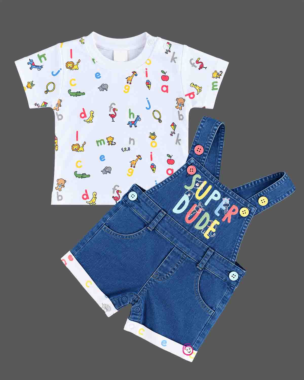 Boys dungaree set with alphabet print t-shirt and denim shorts