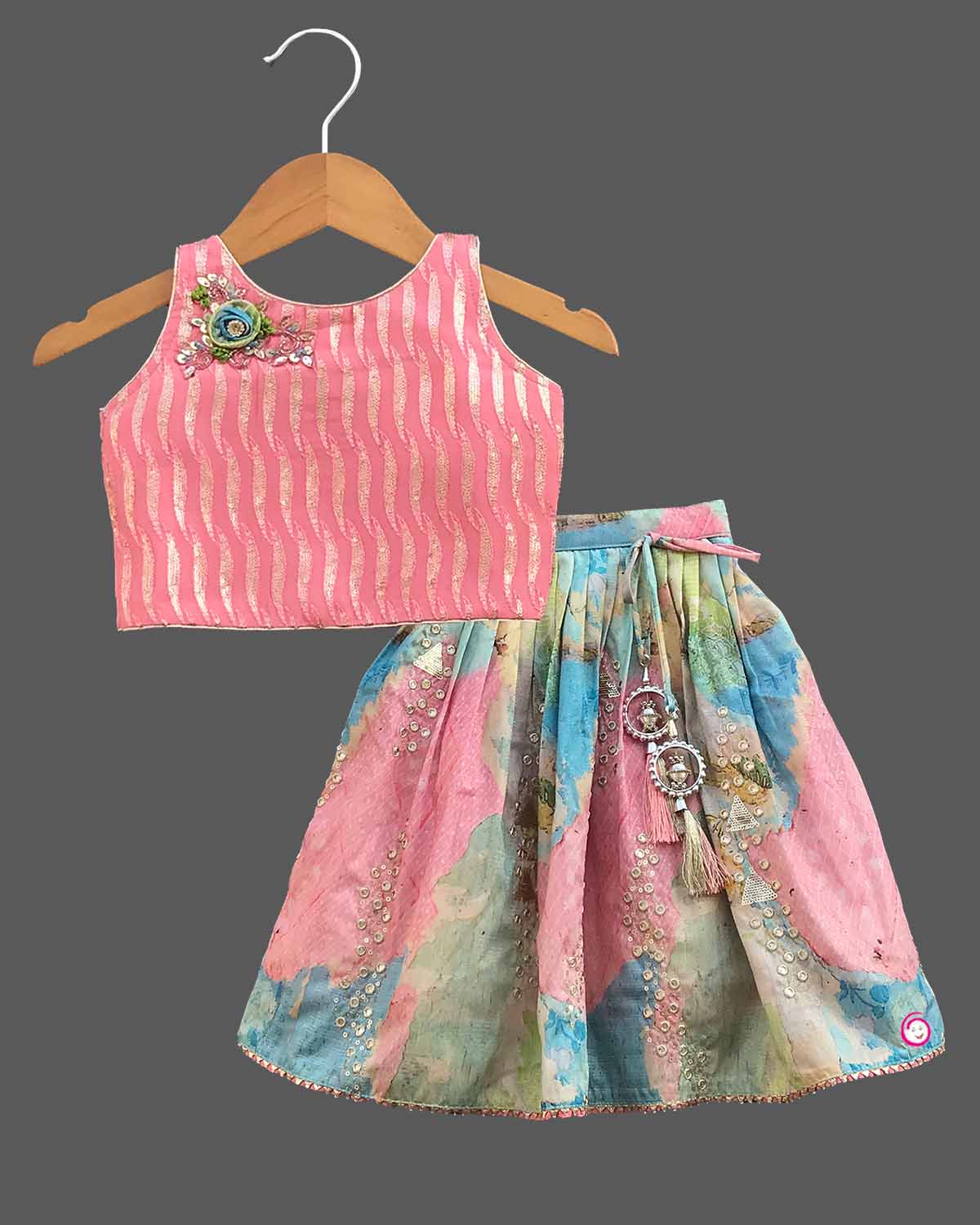 Girls elegant design ethnic top with skirt - Rose Pink