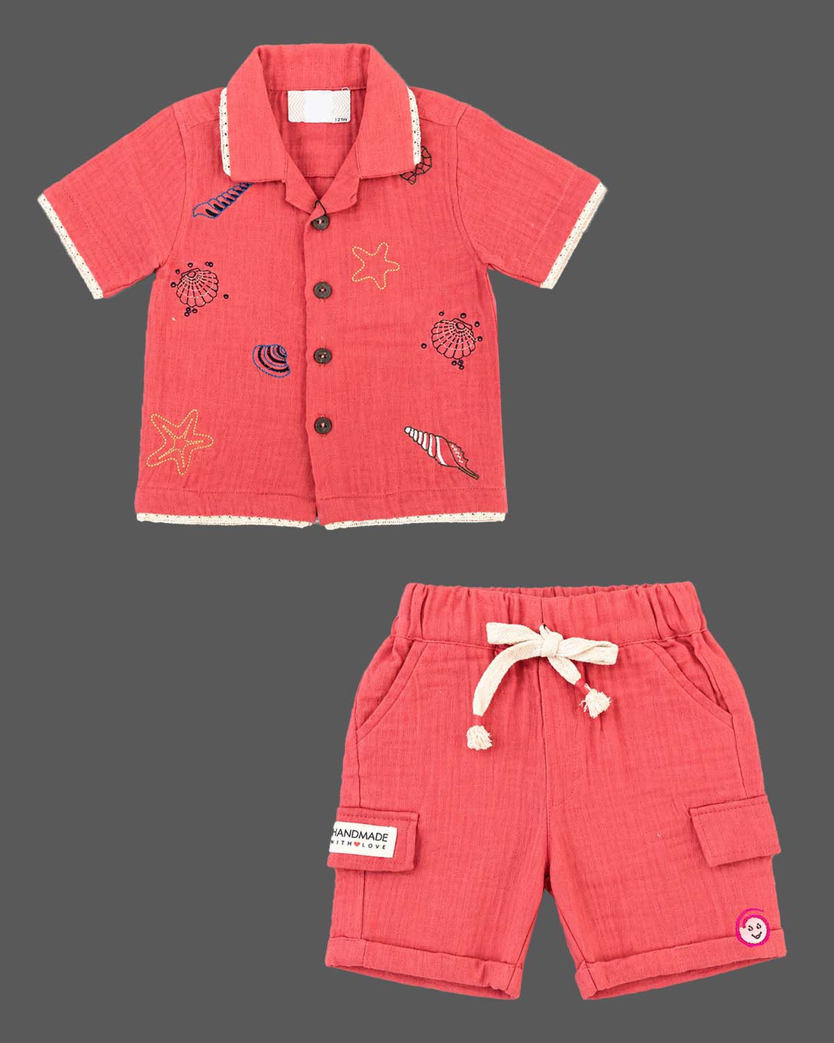 Toddler muslin embroidered button-down shirt and cargo shorts set for daily wear with shell embroidery.
