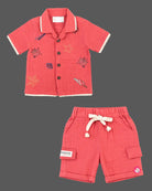 Toddler muslin embroidered button-down shirt and cargo shorts set for daily wear with shell embroidery.