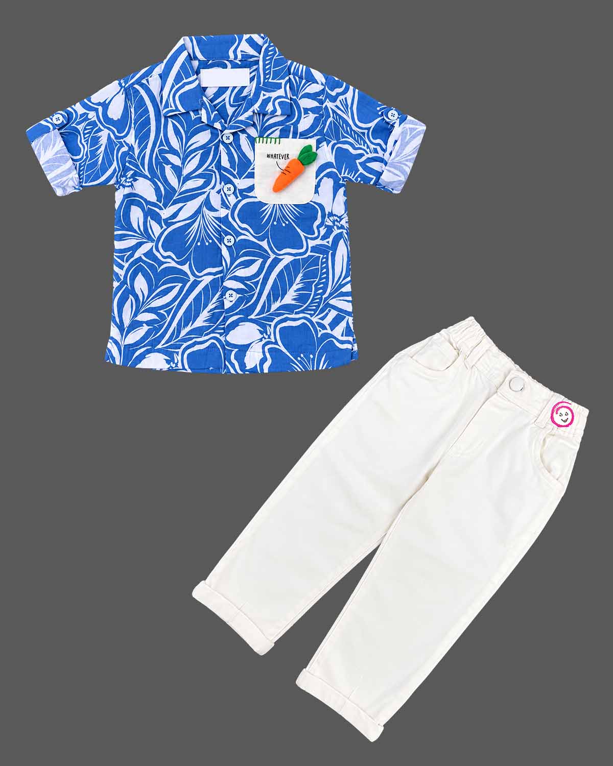 Boys floral printed short sleeve shirt and trousers set featuring patch pocket detail for party wear.