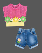 kids party wear outfit featuring crochet lace top and denim shorts with floral appliques