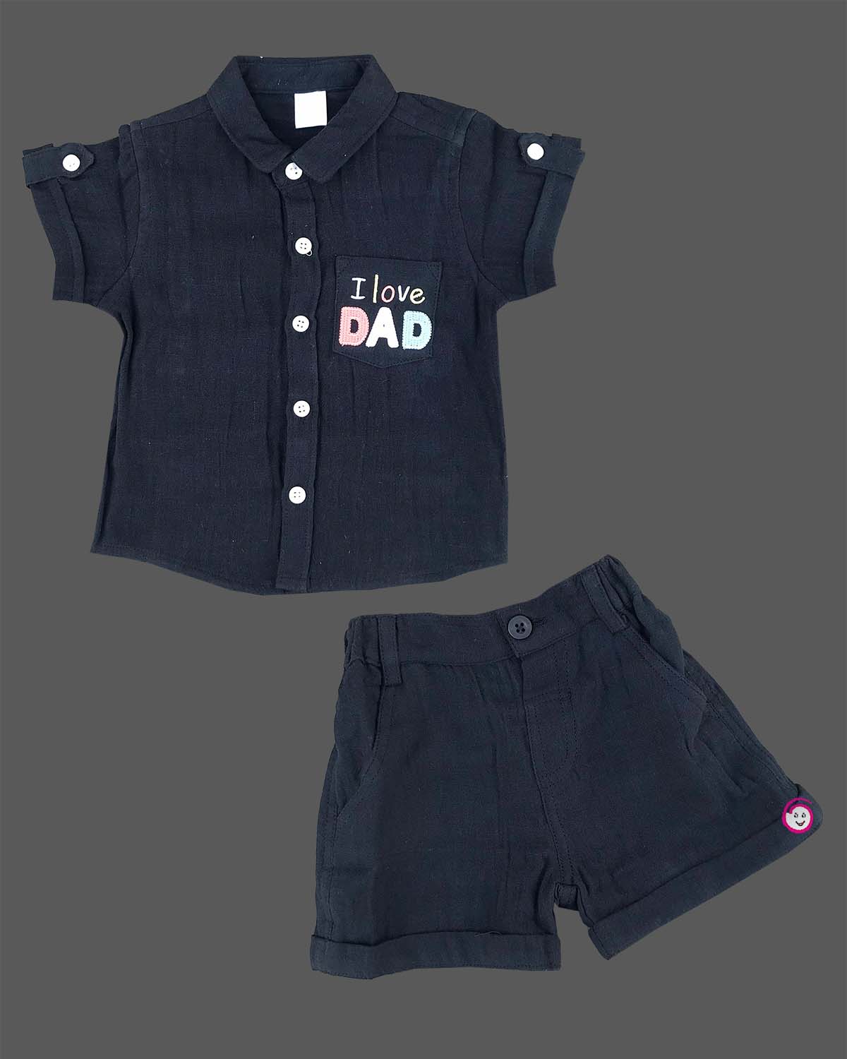 Black premium muslin Cotton short sleeve button down shirt and shorts set with I love DAD pocket design for summer holidays