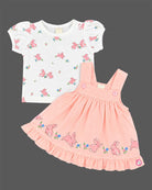 Little girl pinafore dress with puff sleeve bunny printed t-shirt set for casual outings
