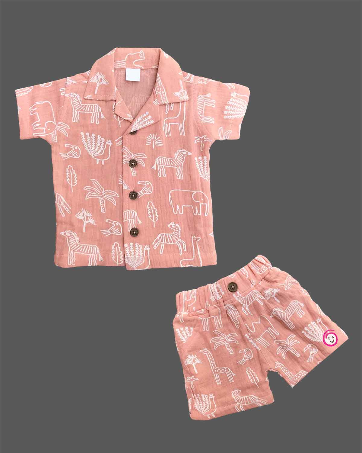 Dusty rose safari animal printed cotton muslin boys top and shorts set for summer vacations, playdates, and park outings