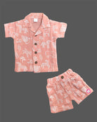 Dusty rose safari animal printed cotton muslin boys top and shorts set for summer vacations, playdates, and park outings