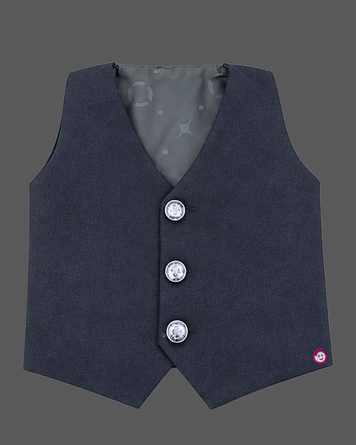 Navy blue formal tuxedo suit set for boys with crystal embellishments, shawl collar jacket, white shirt, tie, and pant for wedding party