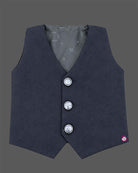 Navy blue formal tuxedo suit set for boys with crystal embellishments, shawl collar jacket, white shirt, tie, and pant for wedding party