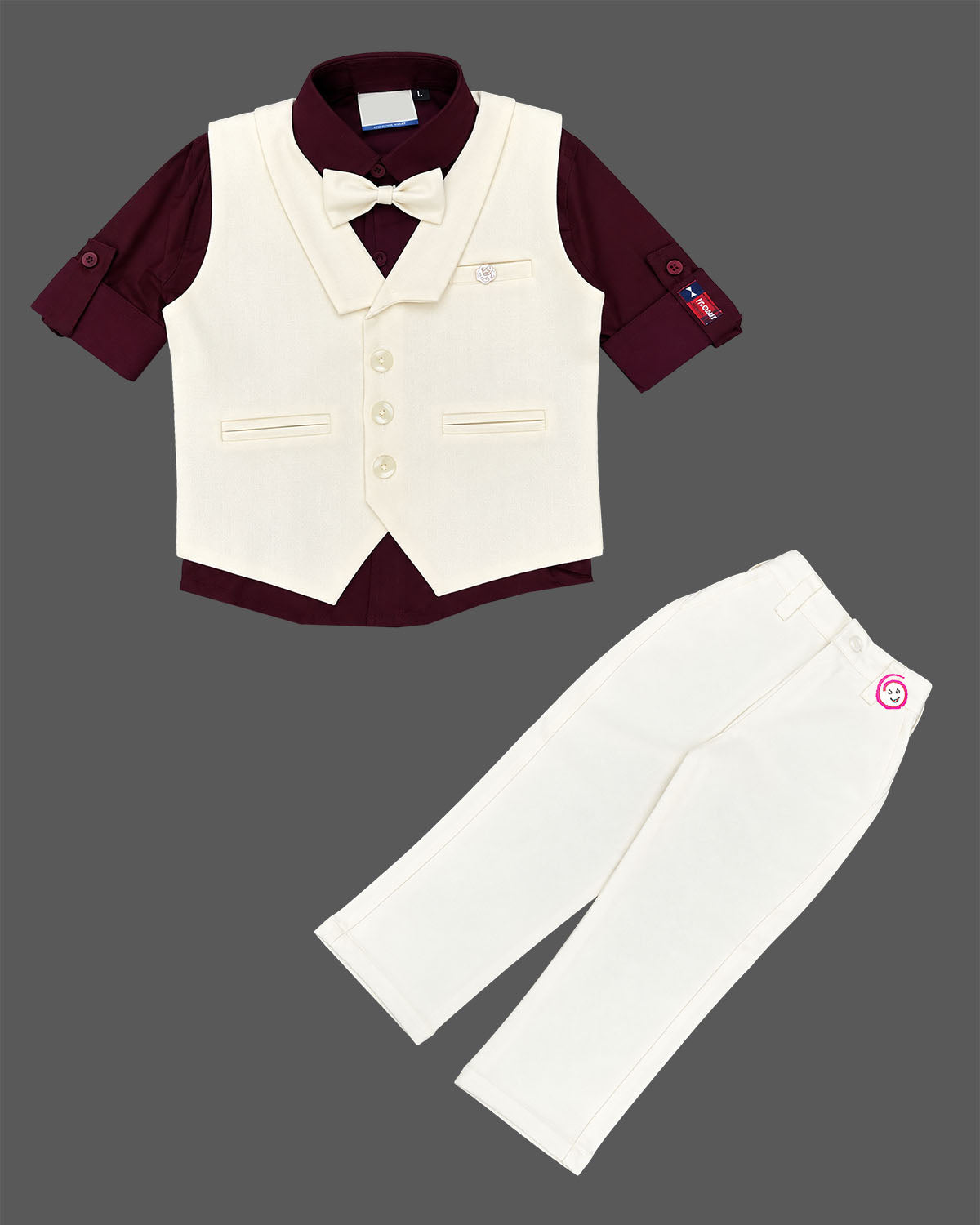 Boys waistcoat suit set with formal lapel vest, roll-up sleeve dress shirt, bow tie, and pant.