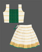 Girls traditional South Indian pattu pavadai choli set for Onam festival featuring gold zari borders