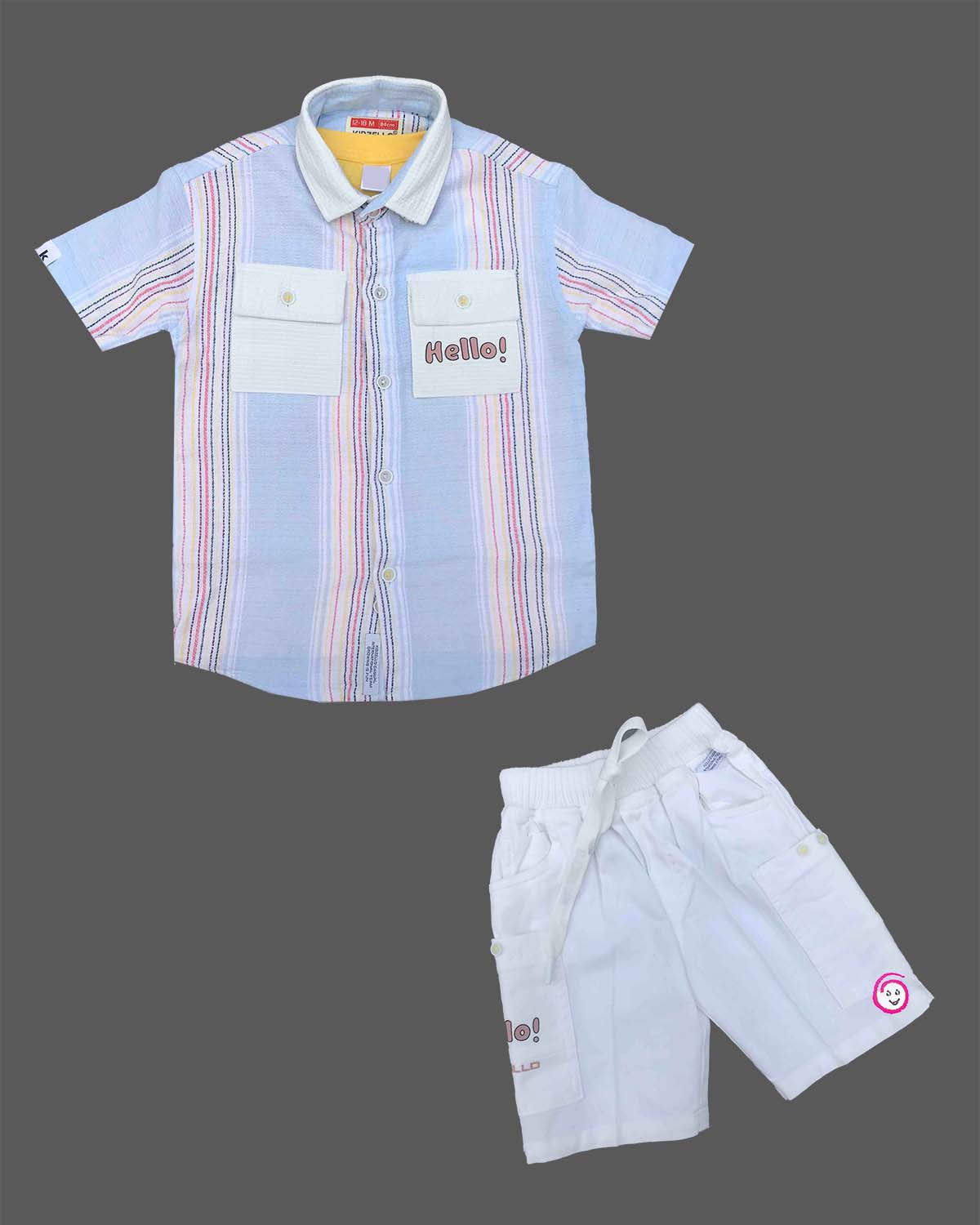 Young prince striped button down shirt and comfortable shorts set for kids playdates