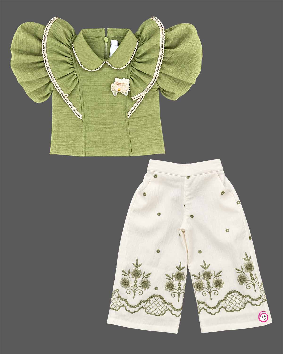 Toddler girls embroidered top and trouser set with statement puff sleeves for festive parties