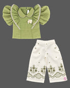 Toddler girls embroidered top and trouser set with statement puff sleeves for festive parties