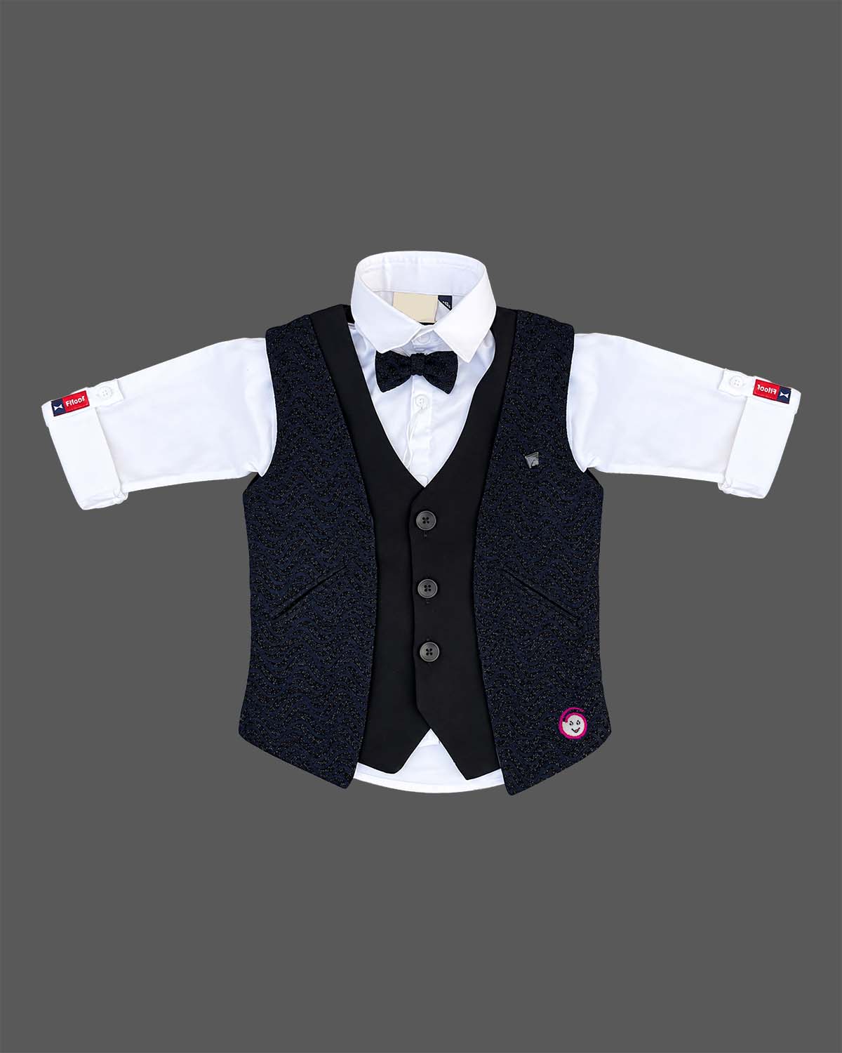 Boys textured jacquard waistcoat suit set with shirt, bow tie, and pant for formal events.