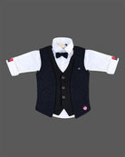 Boys textured jacquard waistcoat suit set with shirt, bow tie, and pant for formal events.