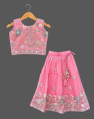 Floral embroidered lehenga choli for kids featuring flared skirt and net dupatta