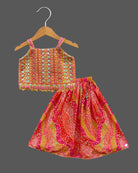 Girls printed with sequin ethnic top & skirt - Pink