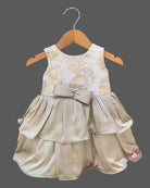 Beige gold sequined satin frock for baby girls with bow accent for birthday party
