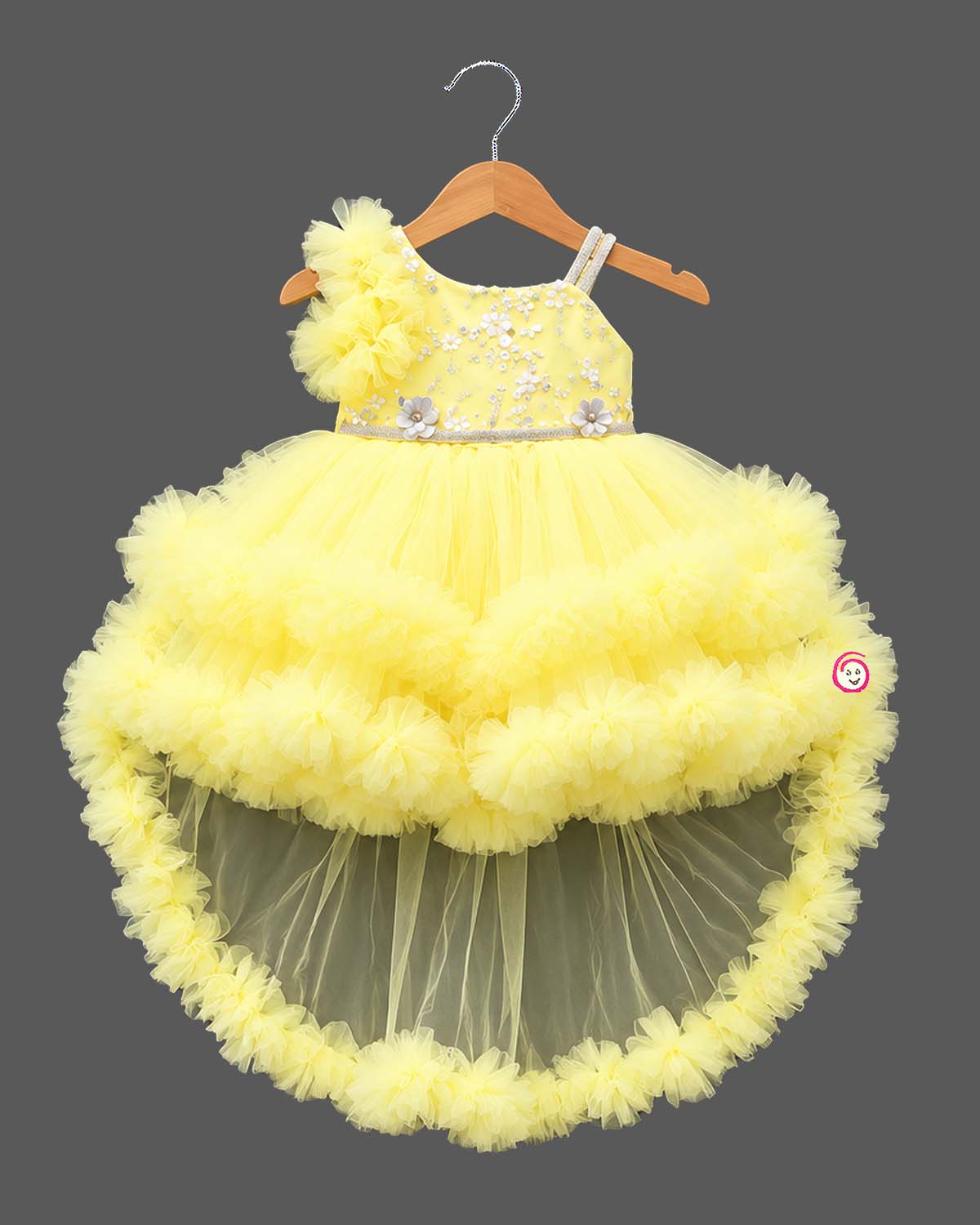 Voluminous baby party wear dress with Party frock  train and floral embellished bodice.