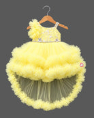 Voluminous baby party wear dress with Party frock  train and floral embellished bodice.