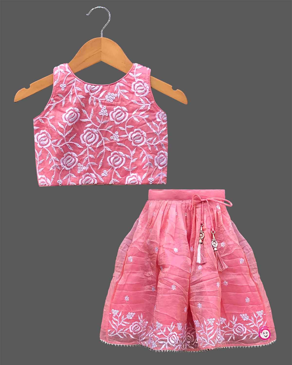 Girl baby thread embroidered floral sleeveless choli top with flared skirt and dupatta set