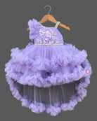 Baby girl designer one shoulder high low tail frock with tiered ruffles