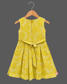 Toddler girl in mustard yellow cotton embroidered casual frock with off-white ruffled jacket
