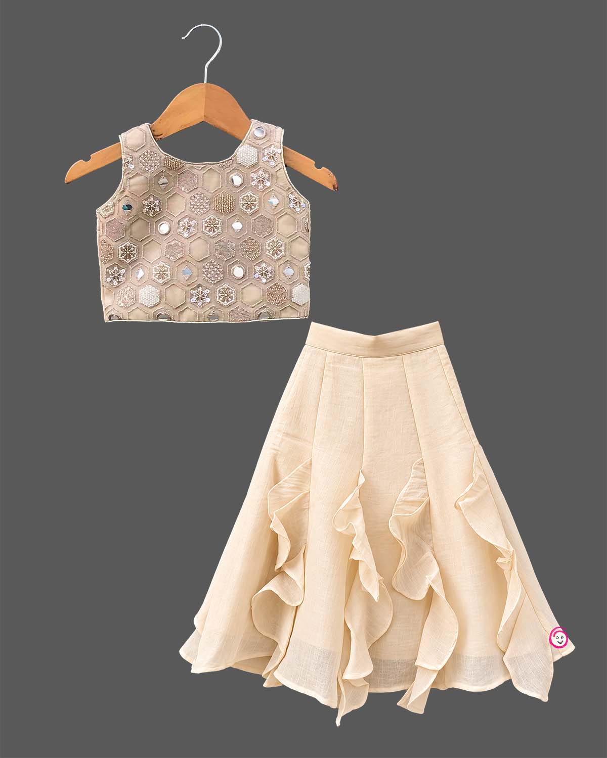 Beige handloom mirror work choli and ruffled skirt set for toddler girls ethnic wear