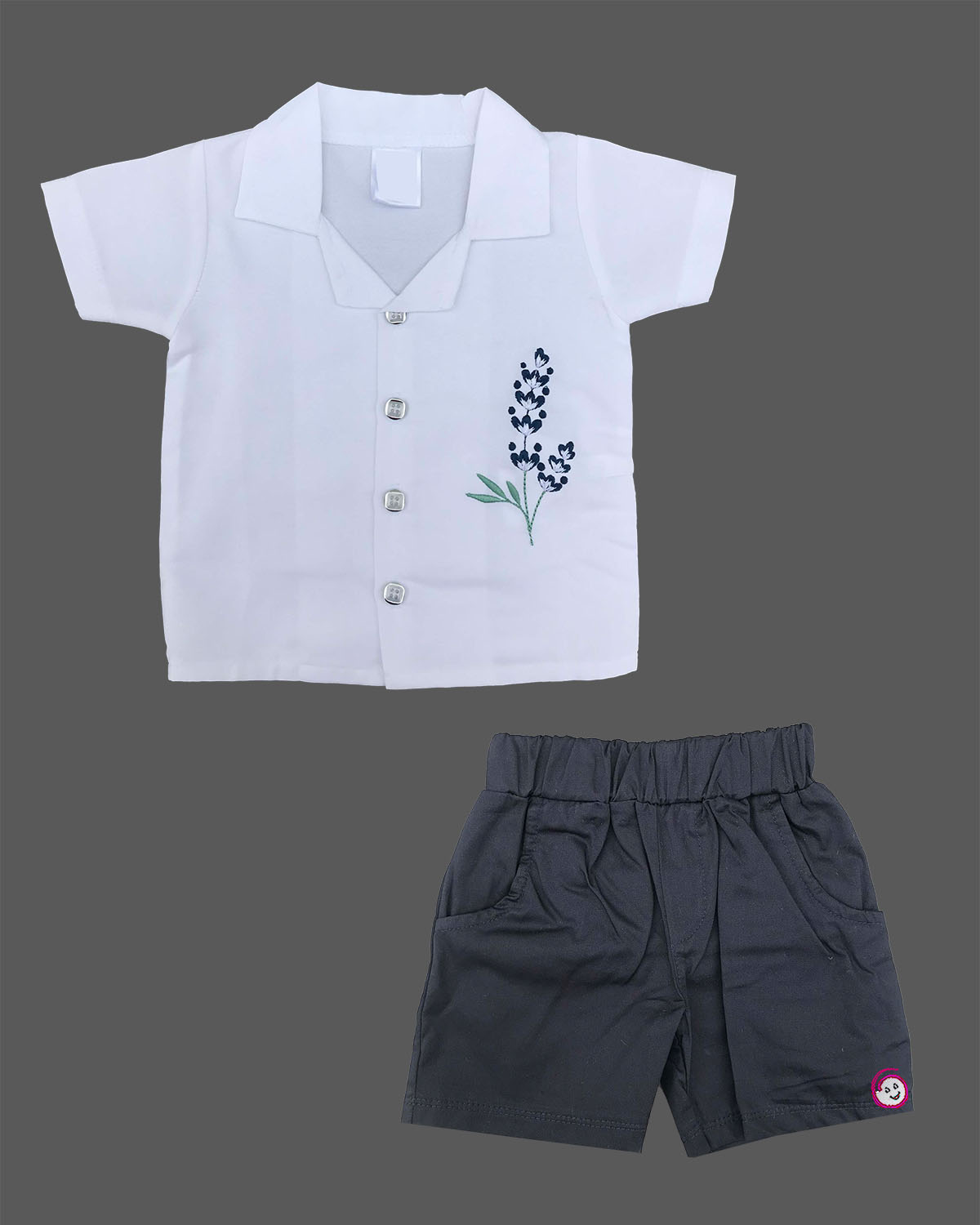 Short sleeve notch collar shirt with floral embroidery on front side paired with solid elastic waist shorts for toddler boys