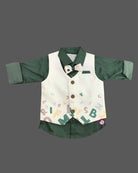 Toddler boys formal alphabet print waistcoat suit set with shirt, bowtie, and trousers flat lay.