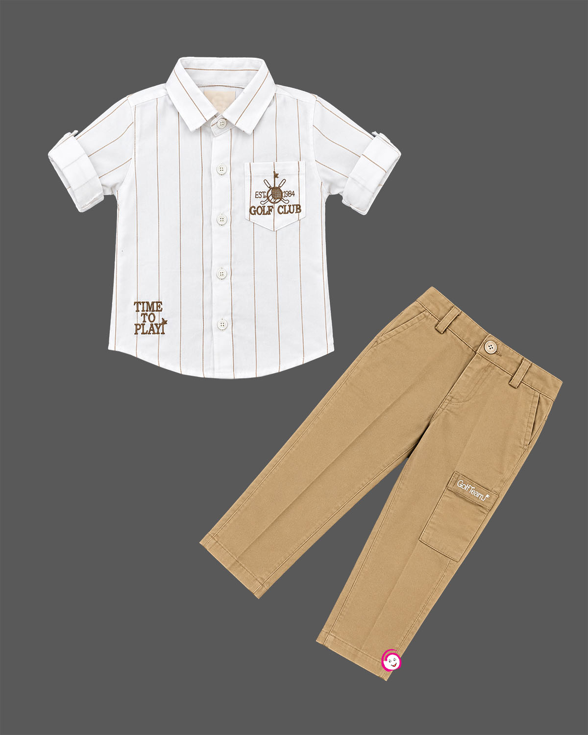 Pinstriped short-sleeve shirt and cargo trousers set designed as party wear for boys with embroidered pocket detail.