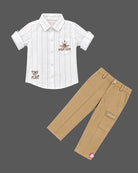 Pinstriped short-sleeve shirt and cargo trousers set designed as party wear for boys with embroidered pocket detail.
