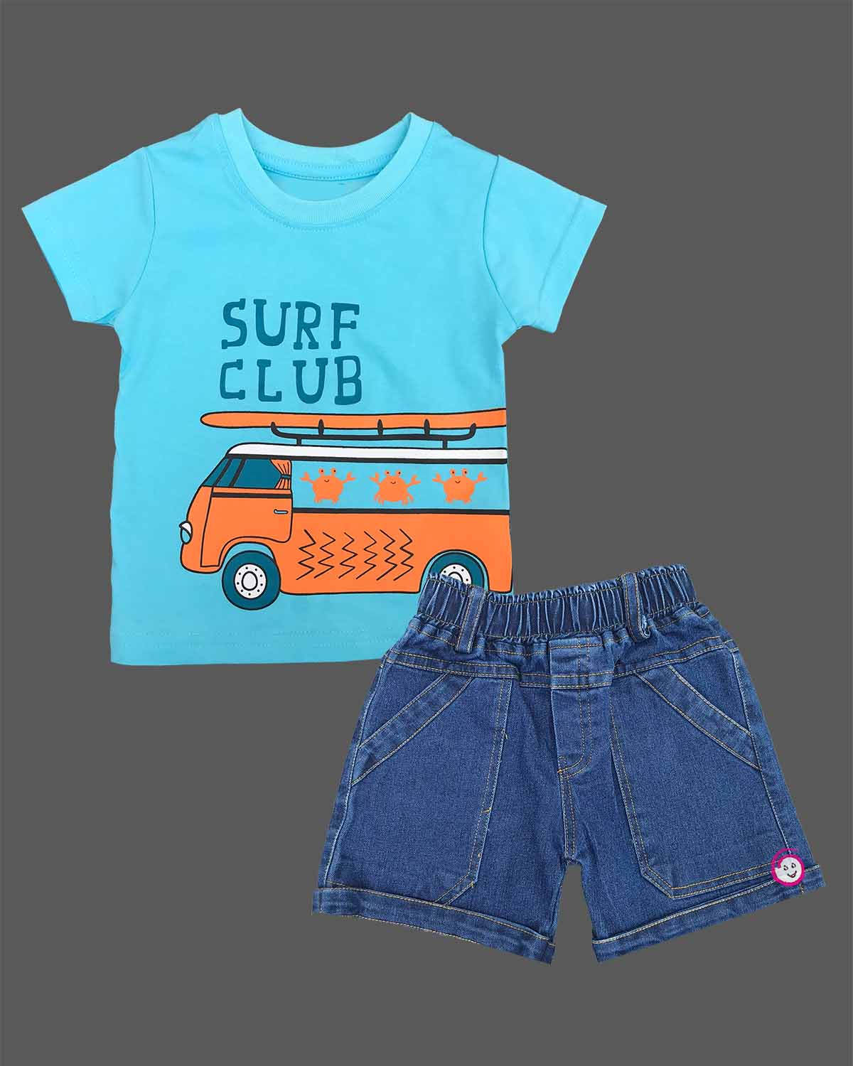Sky blue graphic t-shirt with Surf Club print and blue denim elasticated shorts baby boy top and shorts set for summer vacations, playdates, and park outings