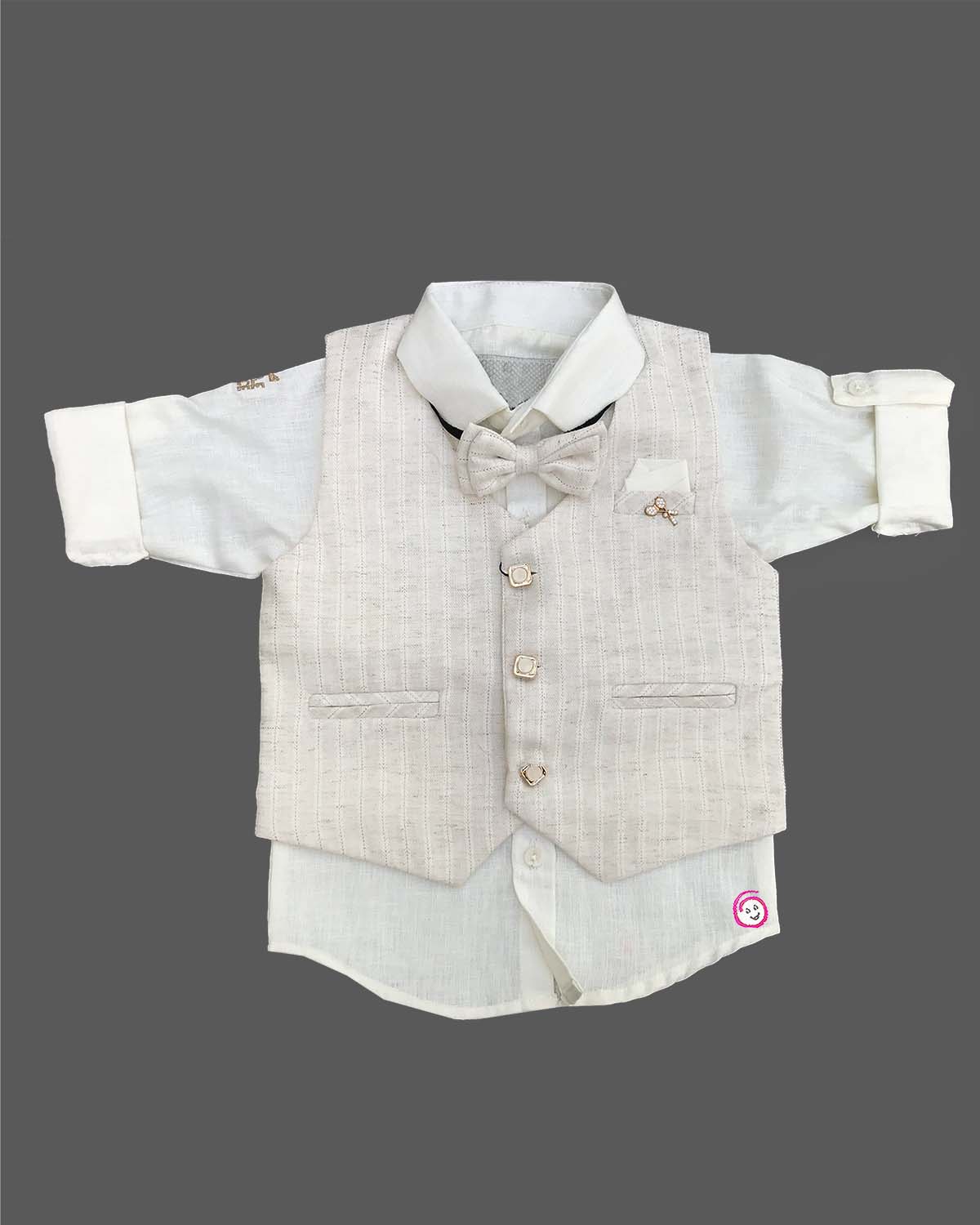 Boys textured linen waistcoat set featuring a collared shirt, matching bowtie, and tailored trousers.