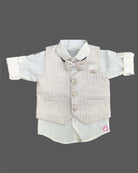 Boys textured linen waistcoat set featuring a collared shirt, matching bowtie, and tailored trousers.