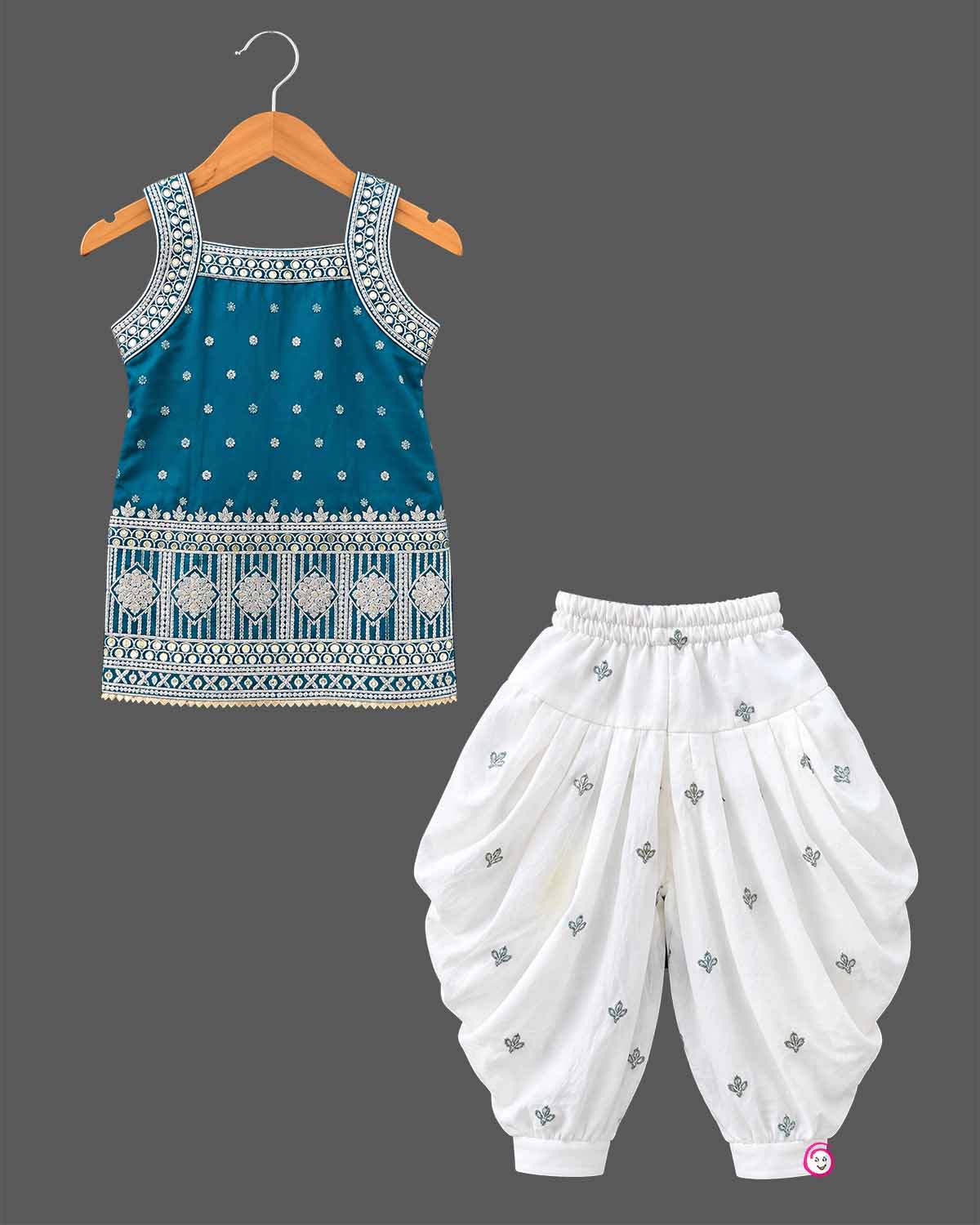 Baby Girl Silk Blend Kurti Dhoti Set with Detailed Thread Embroidery and Mirror Work