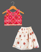 Girls patola print sleeveless choli with pleated mirror work skirt, lehenga choli for kids