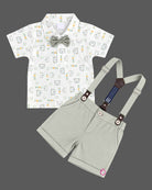Boys printed shirt and suspender shorts set with bow tie for party wear