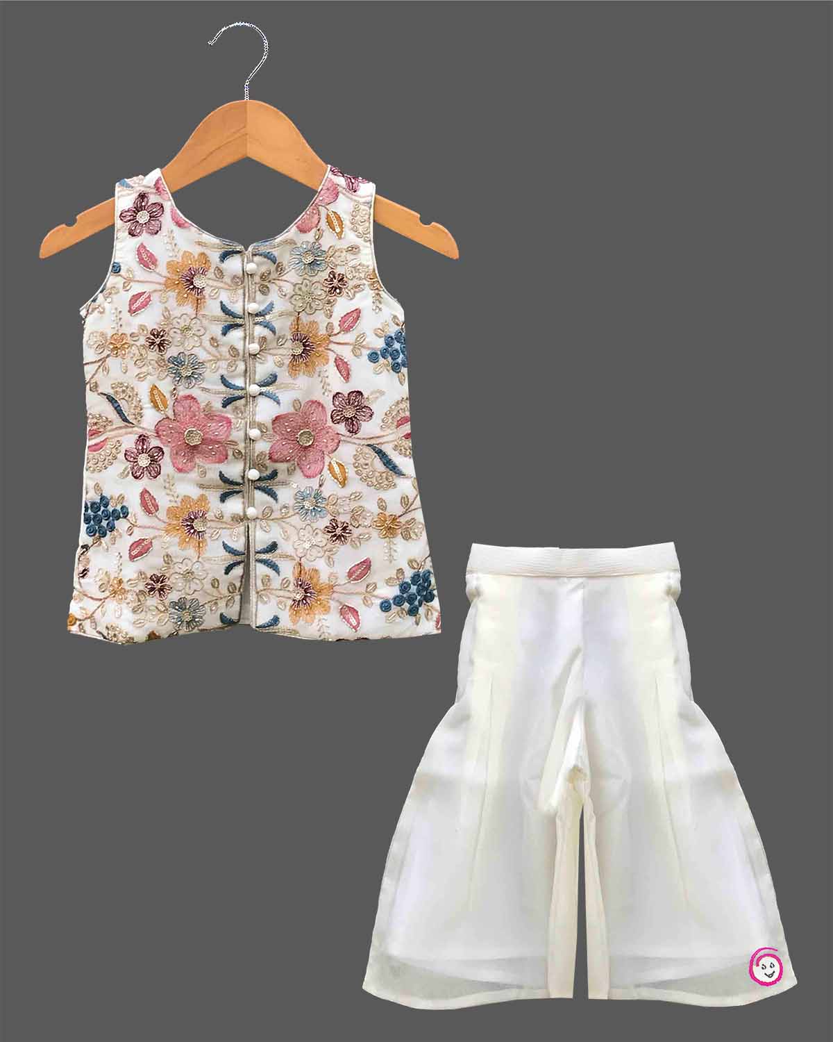 Girls floral embroidered sleeveless jacket top wide leg palazzo pants set with hair accessory