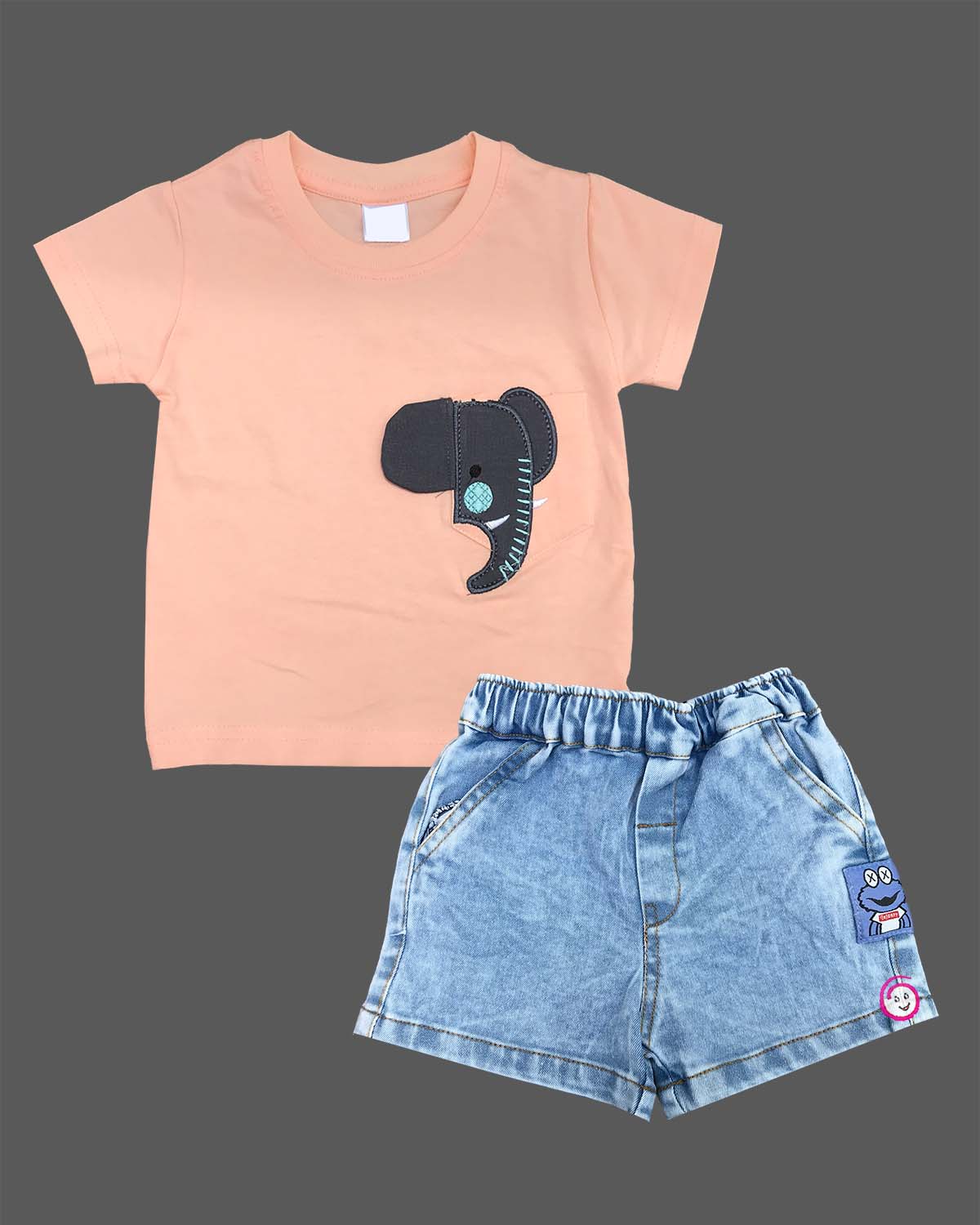 orange t-shirt with dark grey elephant patch and light wash blue denim elasticated shorts baby boy top and shorts set for summer vacations, playdates, and park outings