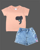 orange t-shirt with dark grey elephant patch and light wash blue denim elasticated shorts baby boy top and shorts set for summer vacations, playdates, and park outings