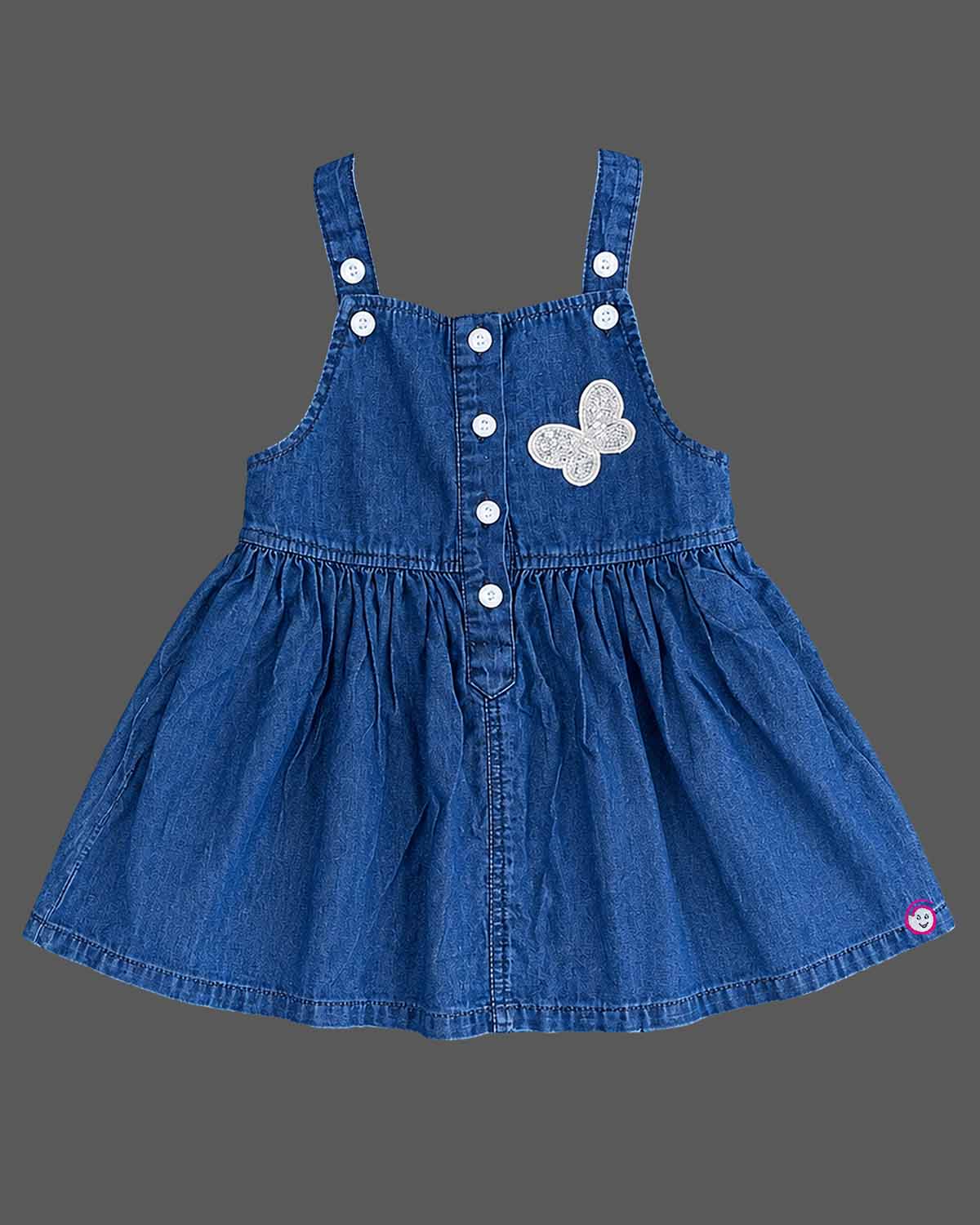 Toddler girl flutter sleeve top pinafore set with butterfly applique and gathered denim skirt.