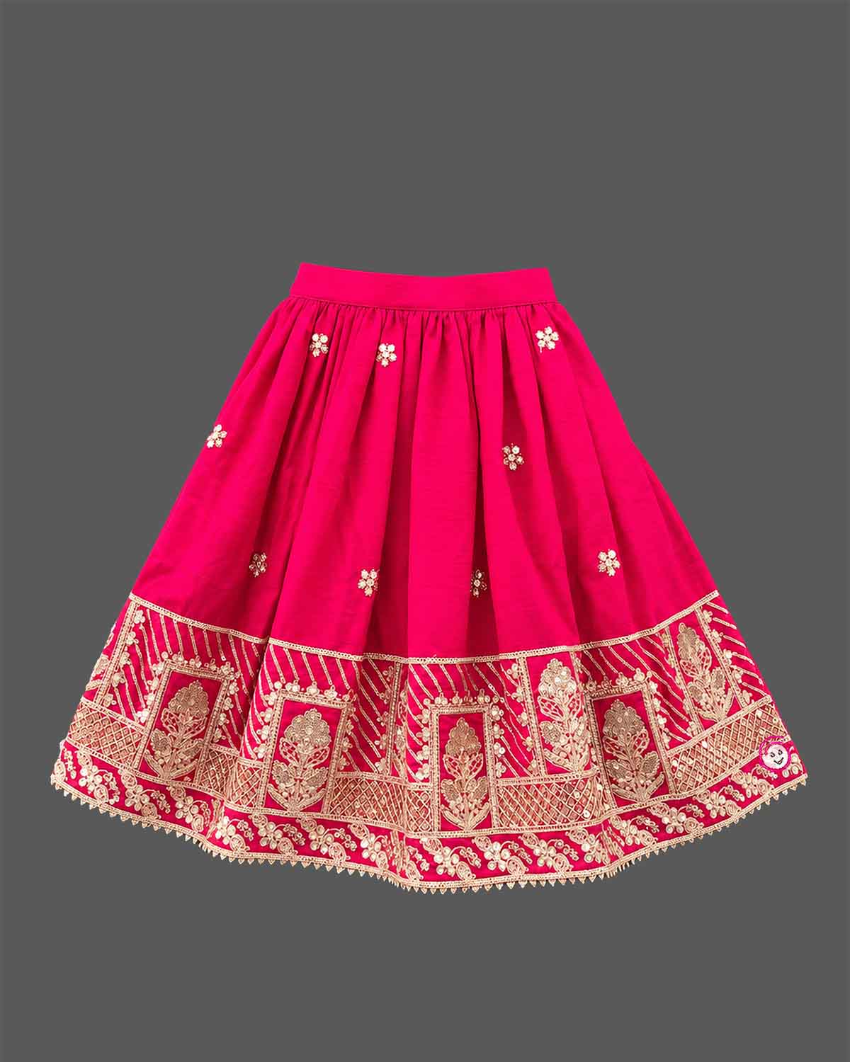 Girls embroidered choli top, flared lehenga skirt, and matching open-front sleeveless jacket.