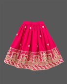 Girls embroidered choli top, flared lehenga skirt, and matching open-front sleeveless jacket.