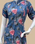 Maternity printed cotton feeding top featuring front button placket and short sleeves