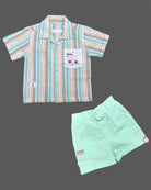 Stylish striped short sleeve shirt with embroidered car pocket and matching shorts for boys