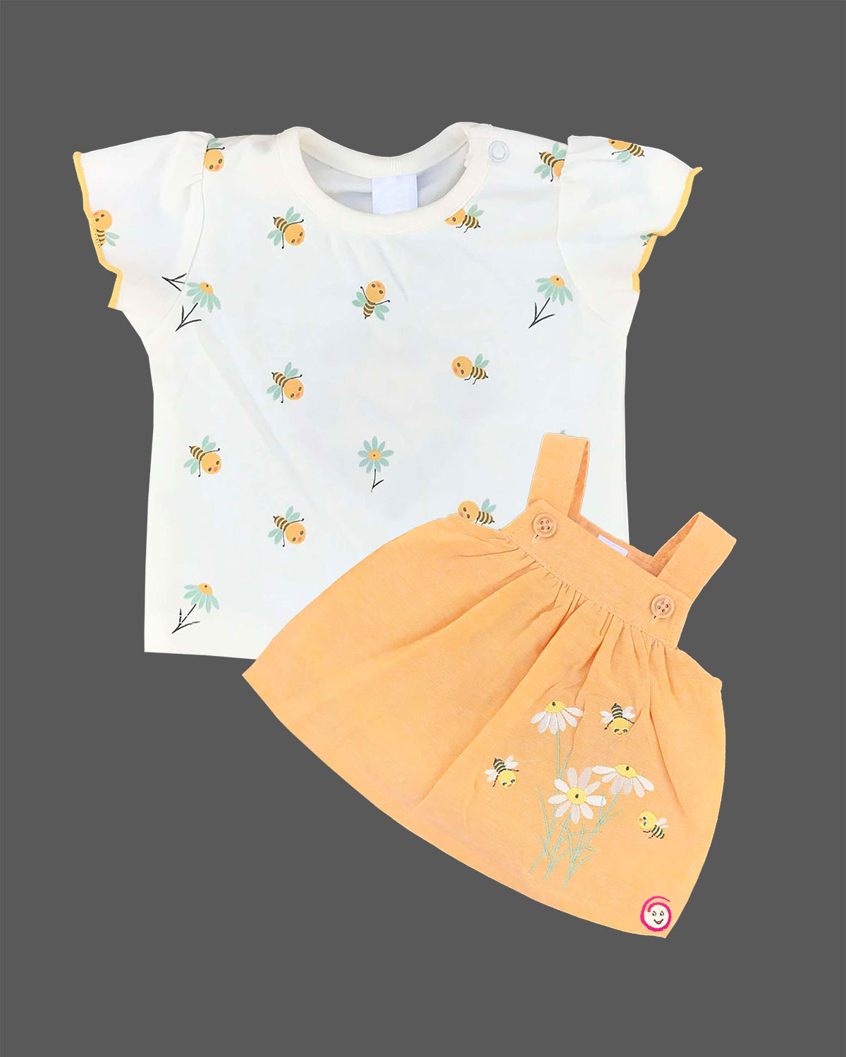 Mustard yellow baby girl cotton knit pinafore dress with daisy embroidery and white bee print frill sleeve top