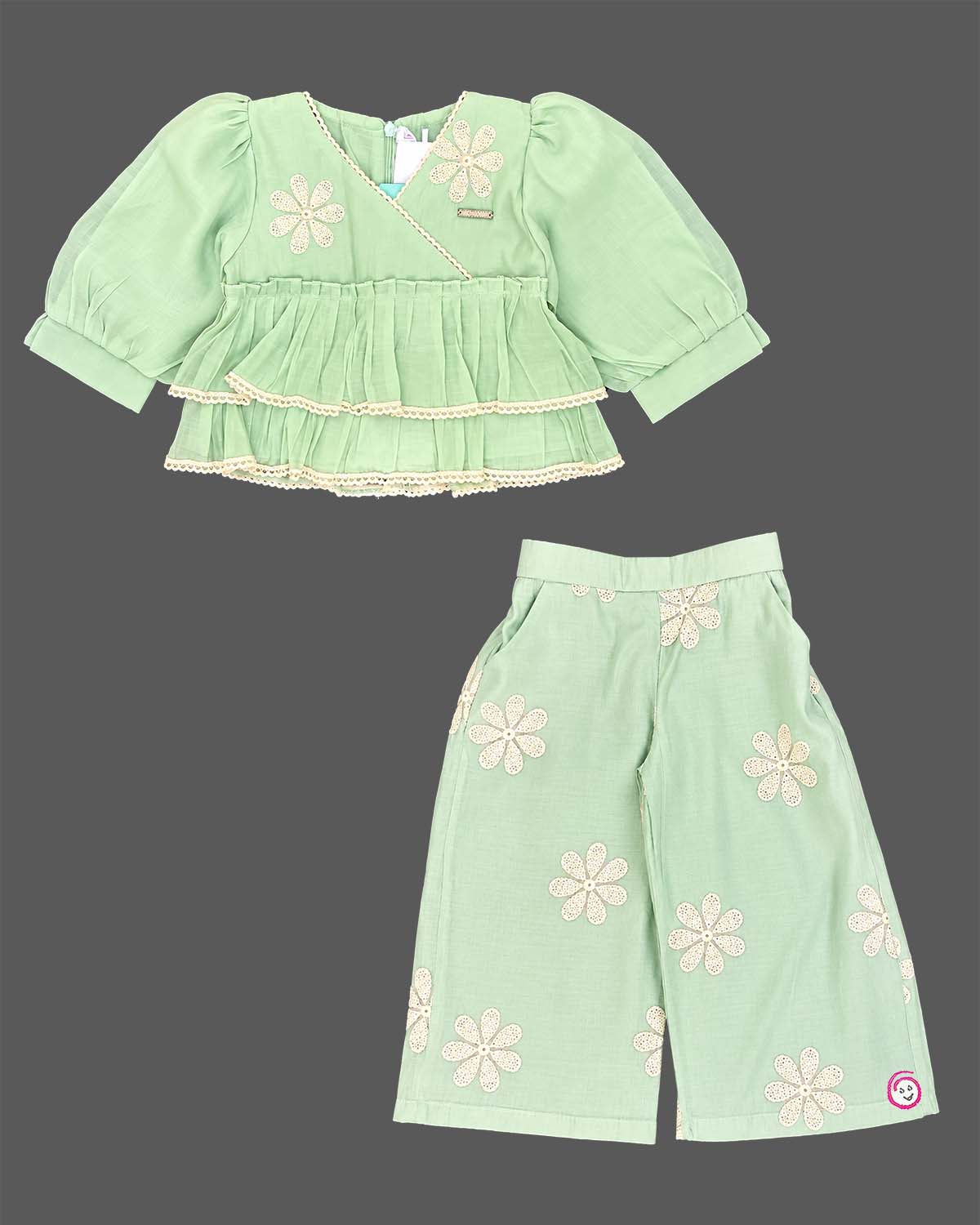Toddler cotton embroidered top and wide leg pant set for girls birthday outfit and daily wear