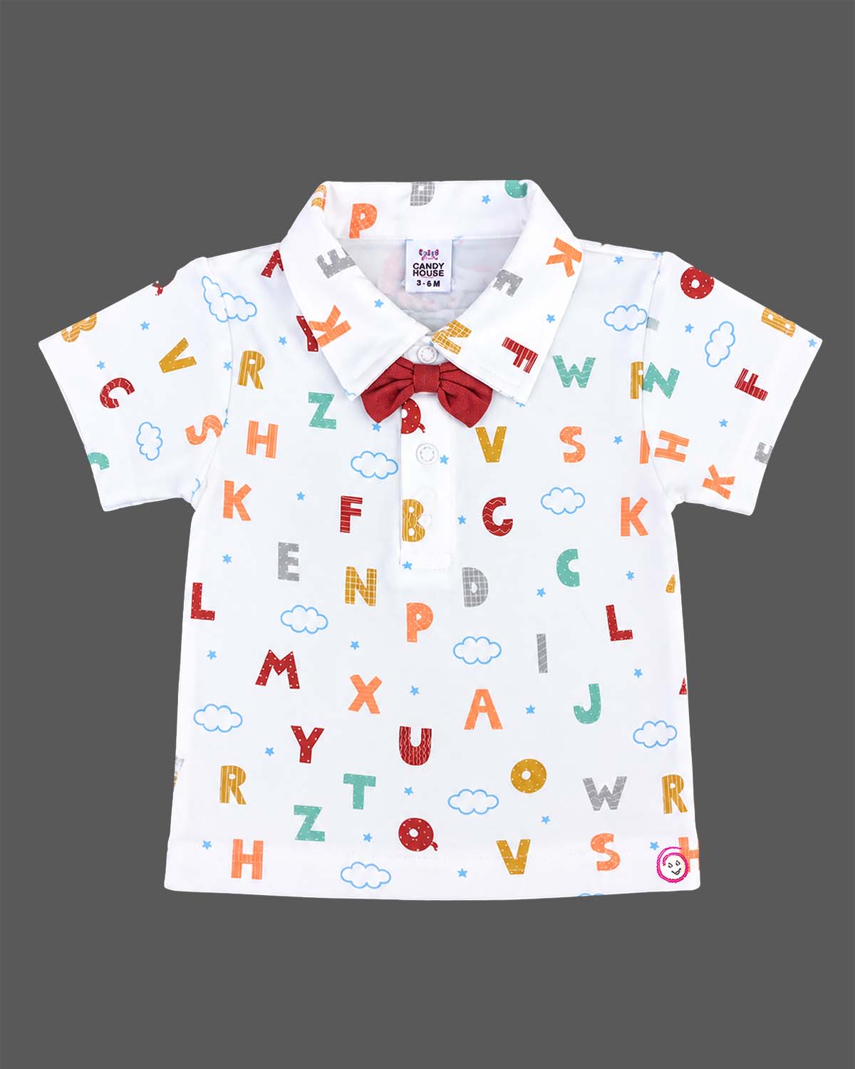 Charming infant suspender set with printed shirt and bow for party wear