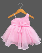 Asymmetric organza rosette kids party wear frock set with matching booties and bow headband